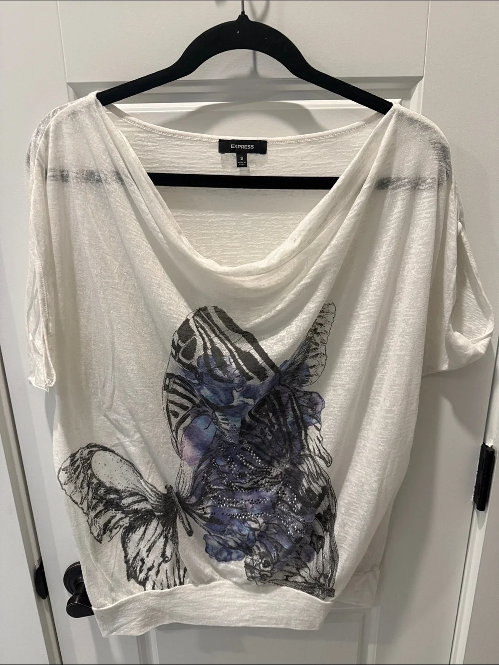Express White Draped Butterfly Print Top with Blue Accents